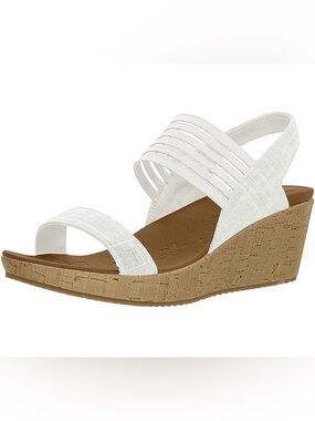 Skechers Women's Beverlee Smitten Kitten Wedge Sandal white/silver size 8 38527W